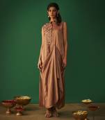 Coffee brown mukaish embroidered draped gown