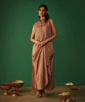 Coffee brown mukaish embroidered draped gown 2