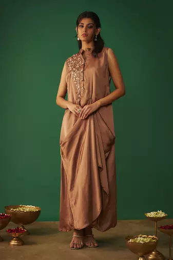 Coffee brown mukaish embroidered draped gown