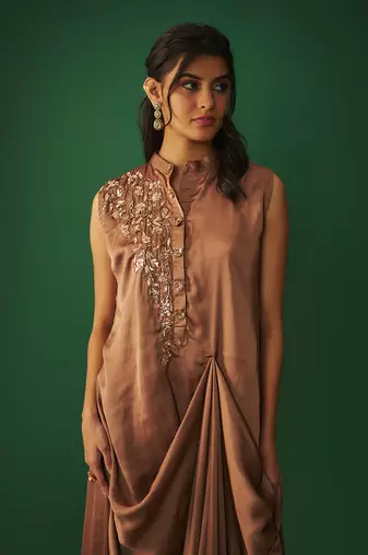 Coffee brown mukaish embroidered draped gown