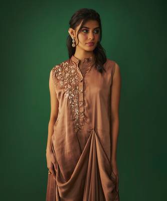 Coffee brown mukaish embroidered draped gown 4
