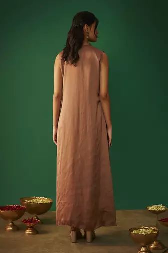 Coffee brown mukaish embroidered draped gown