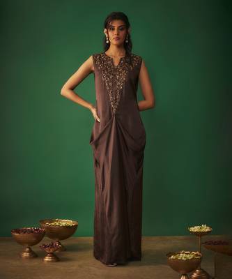 Chocolate brown mukaish embroidered draped gown 1