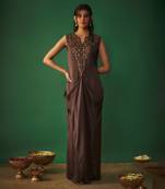 Chocolate brown mukaish embroidered draped gown