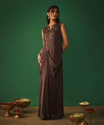 Chocolate brown mukaish embroidered draped gown 2