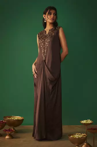 Chocolate brown mukaish embroidered draped gown