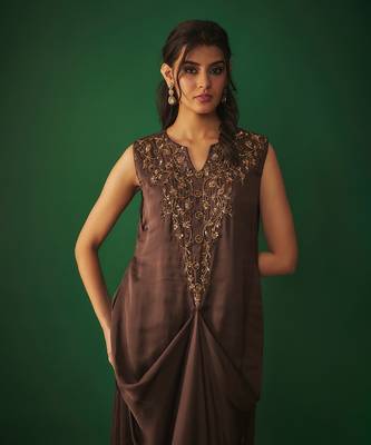 Chocolate brown mukaish embroidered draped gown 3
