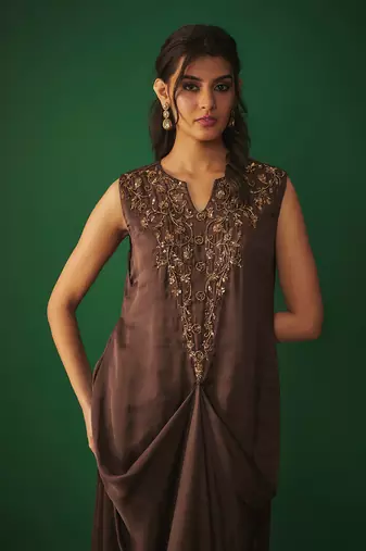 Chocolate brown mukaish embroidered draped gown