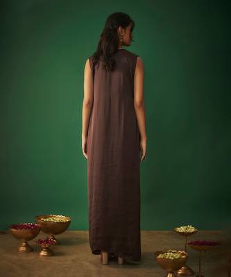 Chocolate brown mukaish embroidered draped gown 5