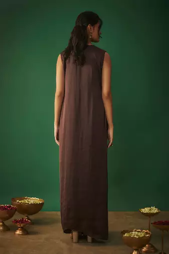 Chocolate brown mukaish embroidered draped gown
