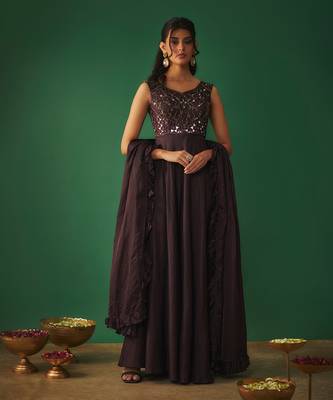 Wine mirror embroidered anarkali with ruffle dupatta 1