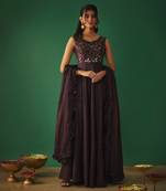 Wine mirror embroidered anarkali with ruffle dupatta