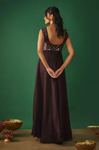 Wine mirror embroidered anarkali with ruffle dupatta