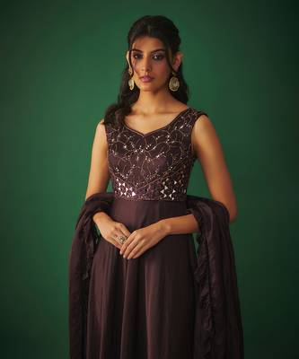 Wine mirror embroidered anarkali with ruffle dupatta 3