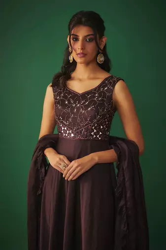 Wine mirror embroidered anarkali with ruffle dupatta