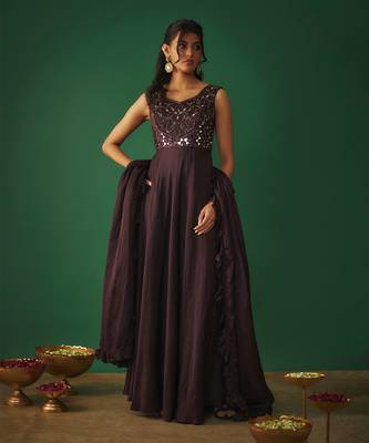 Wine mirror embroidered anarkali with ruffle dupatta 4