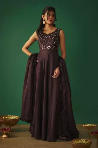 Wine mirror embroidered anarkali with ruffle dupatta