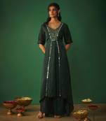 Emerald green mirror work embroidered kurta pant set