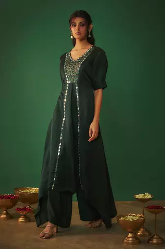 Emerald green mirror work embroidered kurta pant set