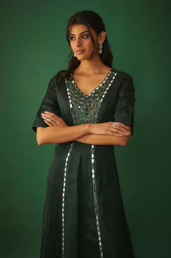 Emerald green mirror work embroidered kurta pant set