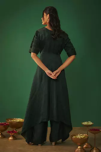 Emerald green mirror work embroidered kurta pant set