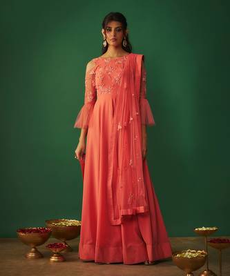 Coral pink embroidered anarkali and dupatta set 1