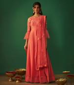 Coral pink embroidered anarkali and dupatta set