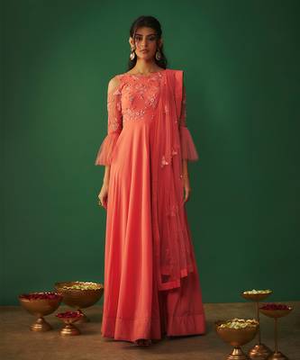 Coral pink embroidered anarkali and dupatta set 2