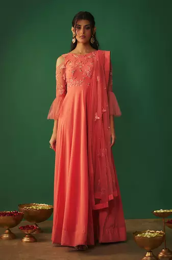 Coral pink embroidered anarkali and dupatta set