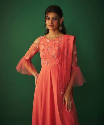 Coral pink embroidered anarkali and dupatta set 3
