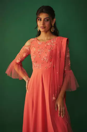 Coral pink embroidered anarkali and dupatta set