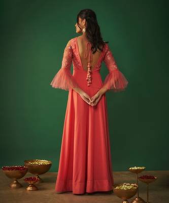 Coral pink embroidered anarkali and dupatta set 4