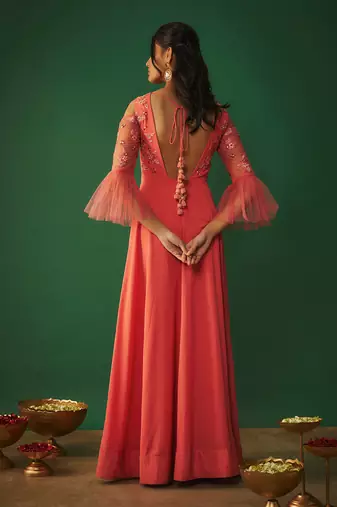 Coral pink embroidered anarkali and dupatta set