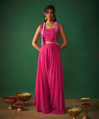 Magenta pink mirror embroidered choli, dhoti and crop jacket set 1