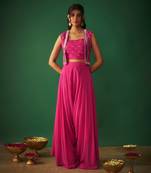 Magenta pink mirror embroidered choli, dhoti and crop jacket set
