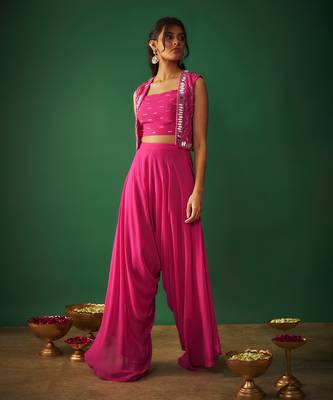 Magenta pink mirror embroidered choli, dhoti and crop jacket set 2