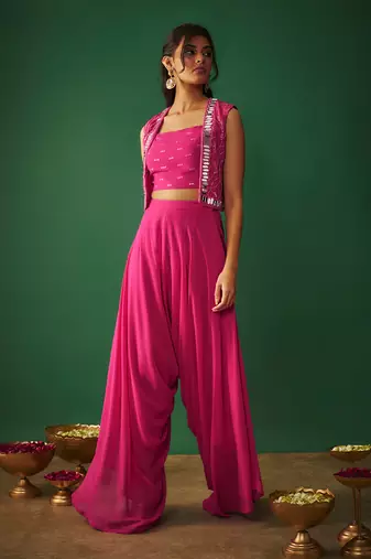 Magenta pink mirror embroidered choli, dhoti and crop jacket set