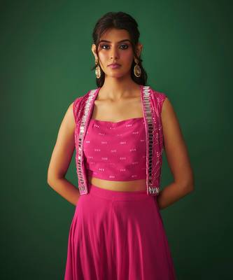 Magenta pink mirror embroidered choli, dhoti and crop jacket set 3
