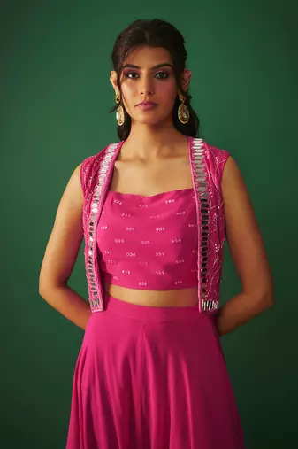 Magenta pink mirror embroidered choli, dhoti and crop jacket set