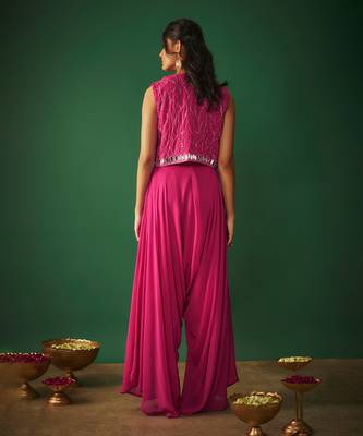 Magenta pink mirror embroidered choli, dhoti and crop jacket set 4
