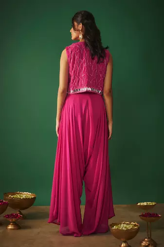 Magenta pink mirror embroidered choli, dhoti and crop jacket set