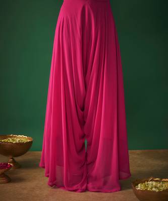 Magenta pink mirror embroidered choli, dhoti and crop jacket set 5