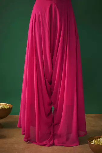 Magenta pink mirror embroidered choli, dhoti and crop jacket set