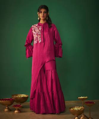 Magenta pink embroidered asymmetrical kurta and sharara set 1