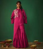 Magenta pink embroidered asymmetrical kurta and sharara set