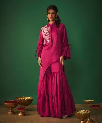 Magenta pink embroidered asymmetrical kurta and sharara set 2