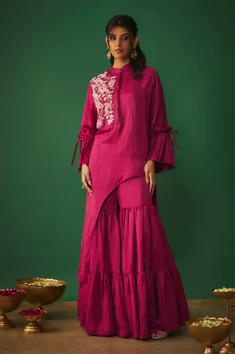 Magenta pink embroidered asymmetrical kurta and sharara set