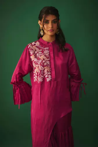 Magenta pink embroidered asymmetrical kurta and sharara set