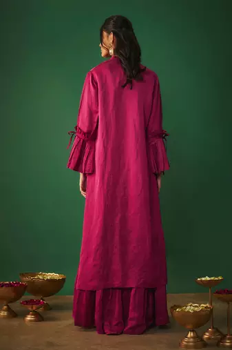 Magenta pink embroidered asymmetrical kurta and sharara set
