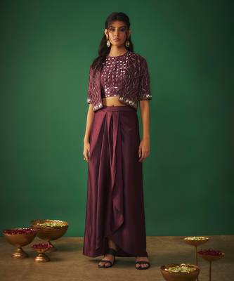 Wine mirror embroidered choli, dhoti skirt and crop jacket set 1